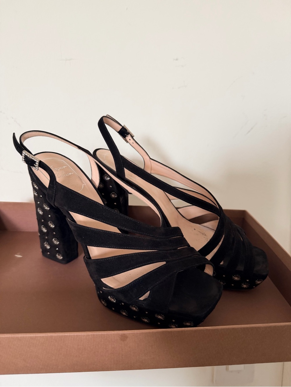 Roger Vivier Black Suede Strappy Platform Heels with Stud Embellished Block Heel